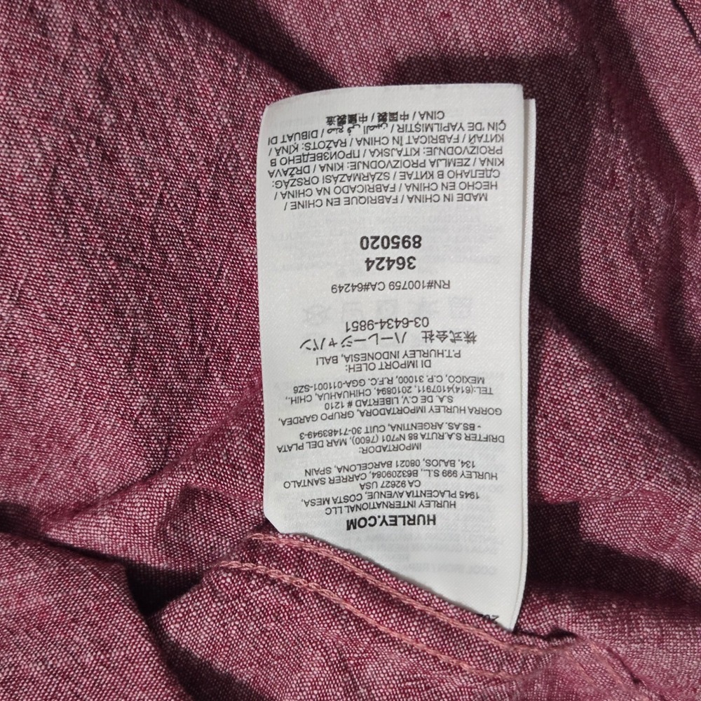 Hurley Casual Button Shirt Mens Large Burgundy Heather Short Sleeve Everyday - Picture 7 of 9